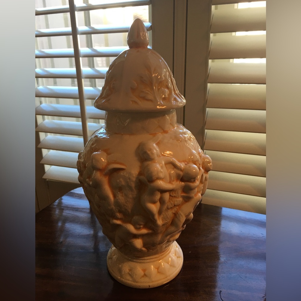 Vintage 14 1/2” Hand Painted Yellow & White Ceramic  Cherub Ginger Jar with Lid